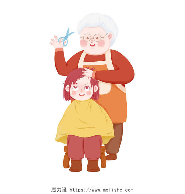 卡通二月二龙抬头理发奶奶女孩子剪头发PNG元素
